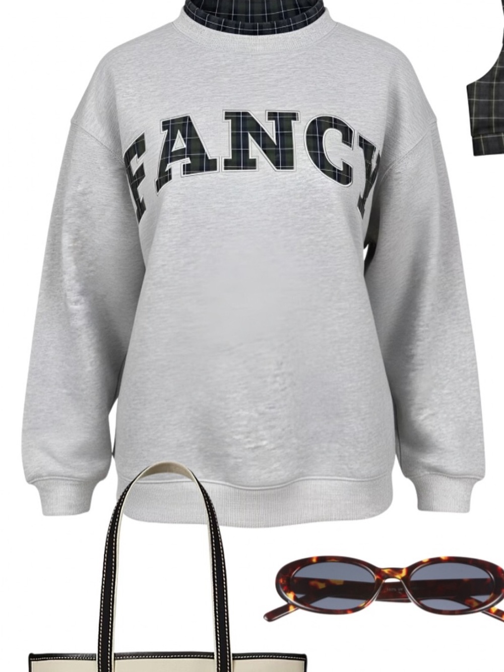 Fancy D Boutique Plaid-Trim mock neck Sweatshirt - Light Gray